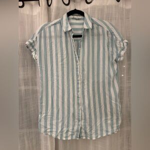 Beach Lunch Lounge Striped Button-Up Shirt - teal and white